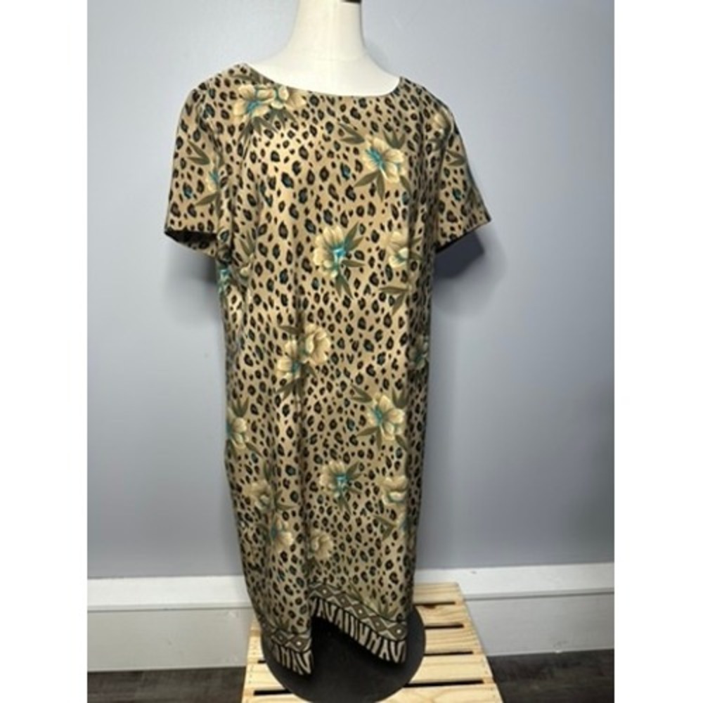 Vintage Kathie Lee Collection Leopard Floral Print Shift Dress Tan Teal Size 14